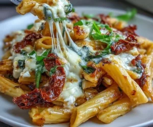 Sun-Dried Tomato Pasta Bake served in a dish, garnished and ready to enjoy.