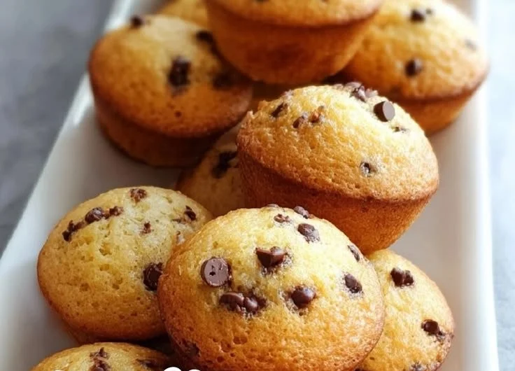 Freshly baked sweet mini chocolate chip muffins on a cooling rack