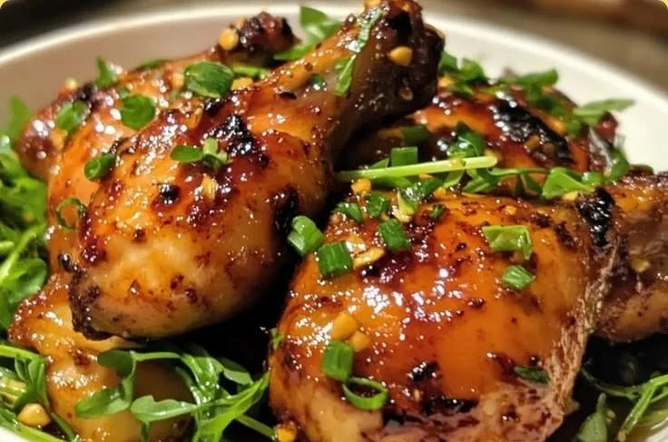 Tamarindo Glaseado chicken dish with garlic vegetables served on a plate.