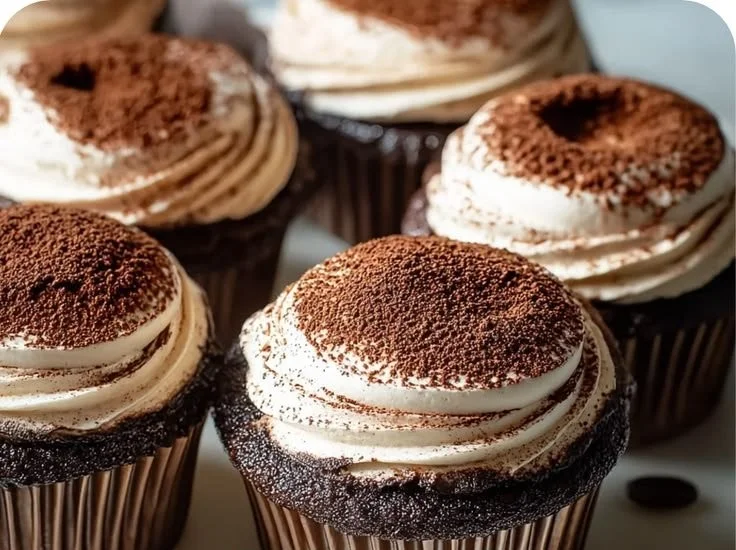 Delicious tiramisu cupcakes with coffee frosting and cocoa powder.