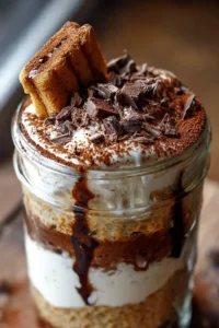 Delicious tiramisu protein oats topped with cocoa and chocolate shavings