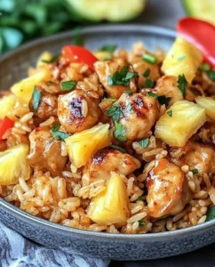 Delicious pineapple chicken served with rice in a colorful dish