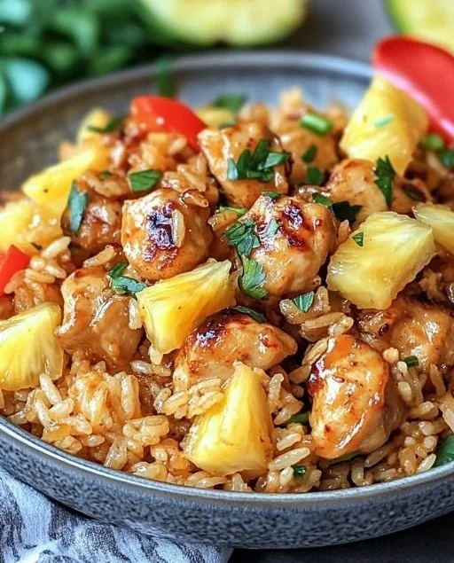 Delicious pineapple chicken served with rice in a colorful dish