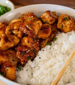 Crispy sweet chili chicken bites served on a plate with dipping sauce