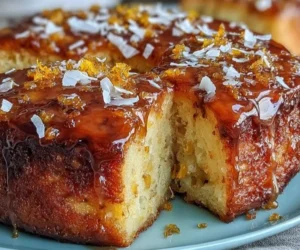 Delicious Whole Orange Cake topped with citrus glaze and fresh orange slices