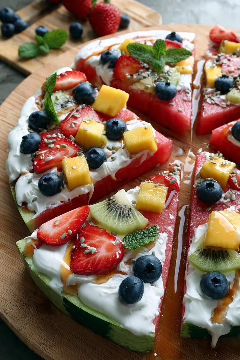 Watermelon pizza topped with coconut yogurt and fruit slices