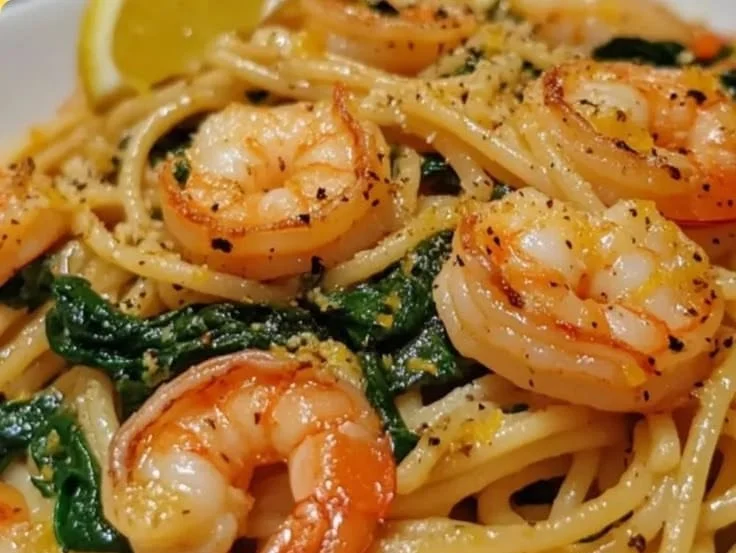 Delicious weeknight lemon spinach shrimp pasta garnished with fresh herbs