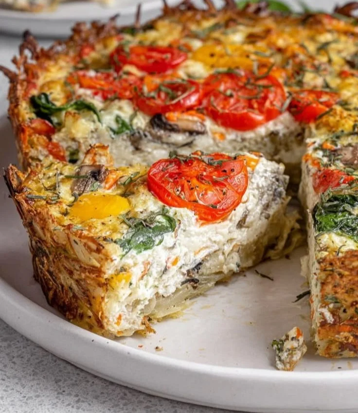 Whole30 Potato Crust Quiche with fresh vegetables and herbs