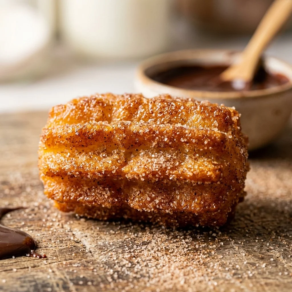 Plate of crispy air fryer churro bites dusted with cinnamon sugar