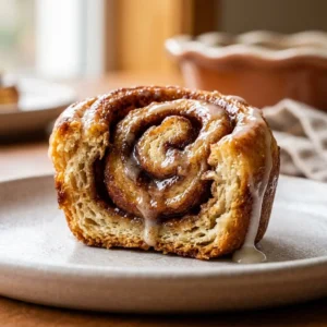 Air fryer cinnamon roll bites on a plate, topped with icing and cinnamon