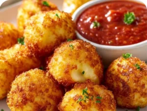 Crispy air fryer mozzarella poppers ready to be served.