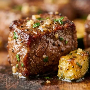 Air fryer sirloin bites with garlic butter served alongside zucchini