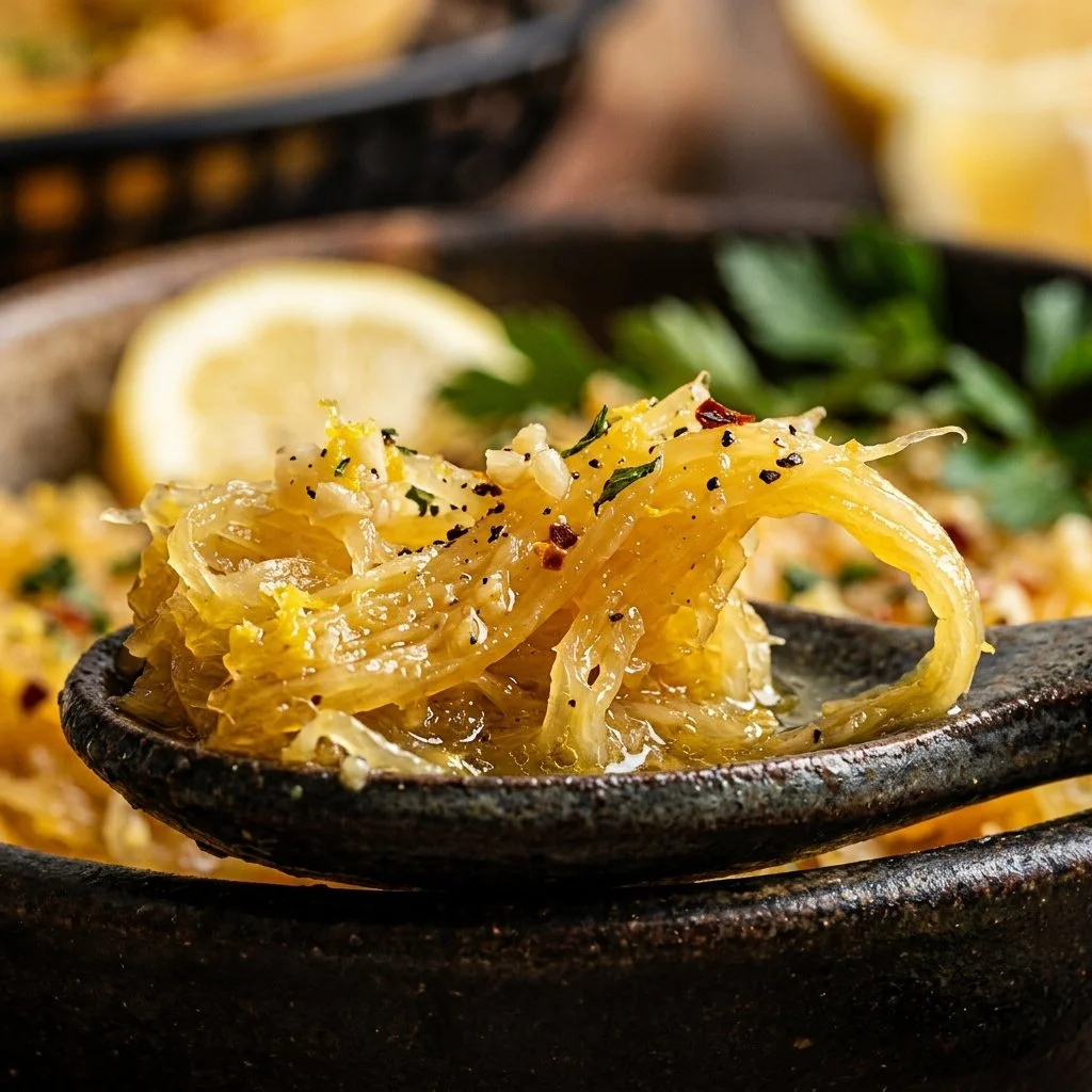 Air Fryer Spaghetti Squash with Lemon and Garlic served on a plate