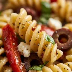 Colorful Antipasto Pasta Salad with veggies, olives, and cheese
