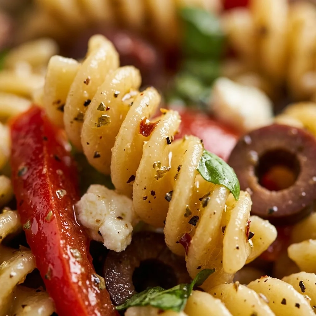 Colorful Antipasto Pasta Salad with veggies, olives, and cheese