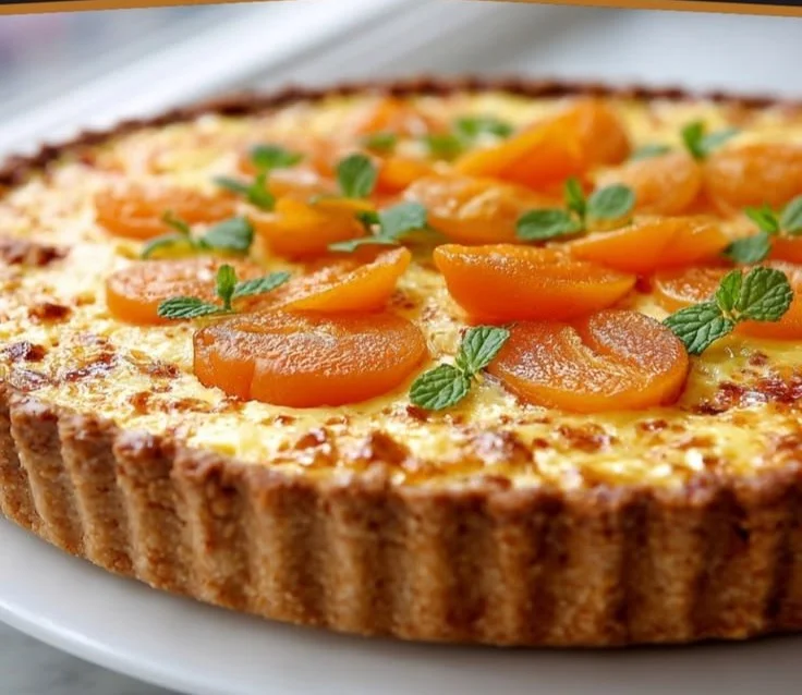 Delicious apricot custard tart ready to be served, showcasing its creamy texture and fresh apricot slices.
