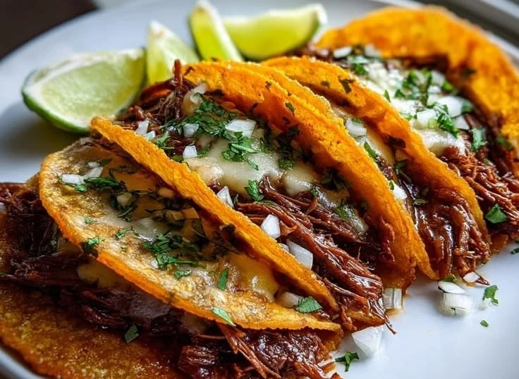 Delicious homemade authentic Birria Tacos served with sauces and cilantro.
