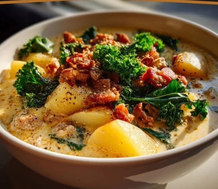 Bacon Potato Kale Soup garnished with crispy bacon and fresh kale in a bowl