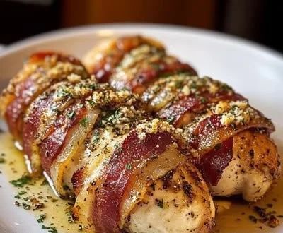 Delicious bacon-wrapped garlic parmesan chicken on a plate