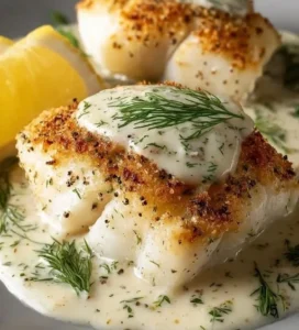 Baked cod with lemon dill sauce on a plate, garnished with fresh herbs.