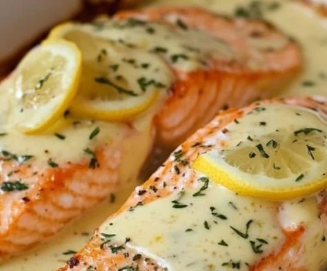 Baked salmon drizzled with lemon butter cream sauce on a plate.