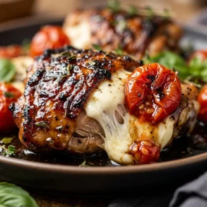 Balsamic chicken with tomatoes and mozzarella, garnished and ready to serve.