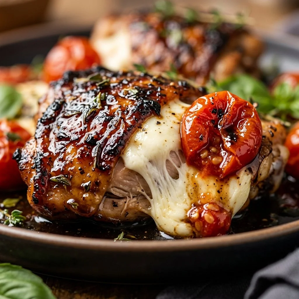 Balsamic chicken with tomatoes and mozzarella, garnished and ready to serve.