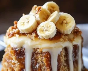 Banana bread pudding cake drizzled with toffee sauce on a white dessert plate