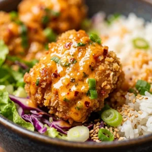 Delicious Bang Bang Chicken Bowl topped with fresh vegetables and sauce.