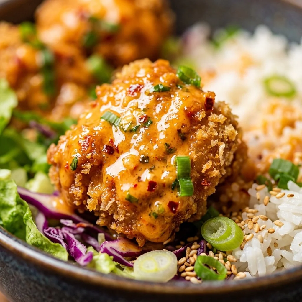 Delicious Bang Bang Chicken Bowl topped with fresh vegetables and sauce.