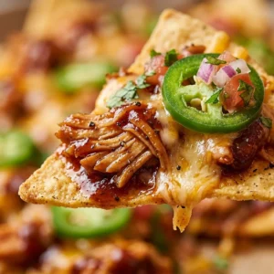 Delicious barbecue chicken nachos topped with cheese and jalapeños