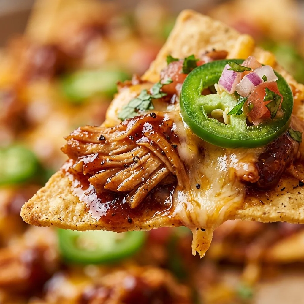 Delicious barbecue chicken nachos topped with cheese and jalapeños