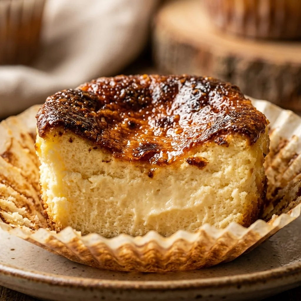 Delicious Basque Burnt Cheesecake Cupcakes topped with caramelized crust.