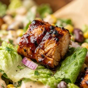 Colorful BBQ chicken salad with fresh vegetables and dressing, perfect for a healthy meal.