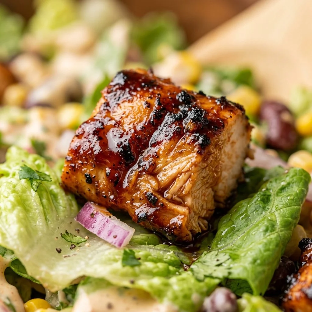 Colorful BBQ chicken salad with fresh vegetables and dressing, perfect for a healthy meal.
