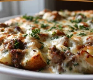 Delicious beef and potato casserole topped with melted cheese