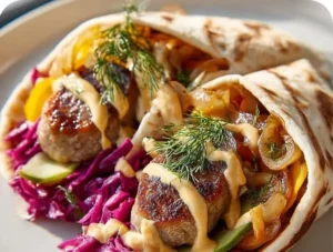Beef bratwurst wraps served at a Christmas market, ready to delight.