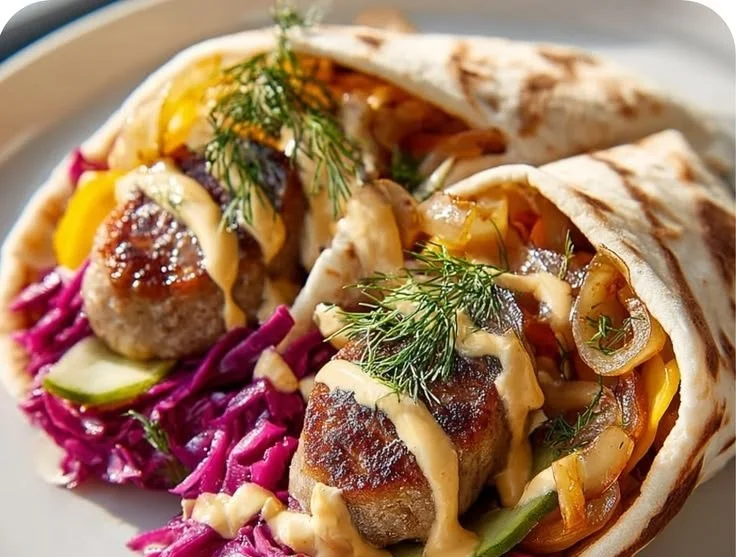 Beef bratwurst wraps served at a Christmas market, ready to delight.