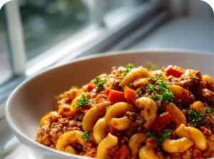 Delicious bowl of Beef Goulash served with fresh herbs and crusty bread.