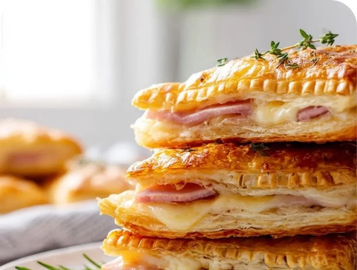 Delicious Beef Ham Cheese Puff Pastry Stacks on a plate