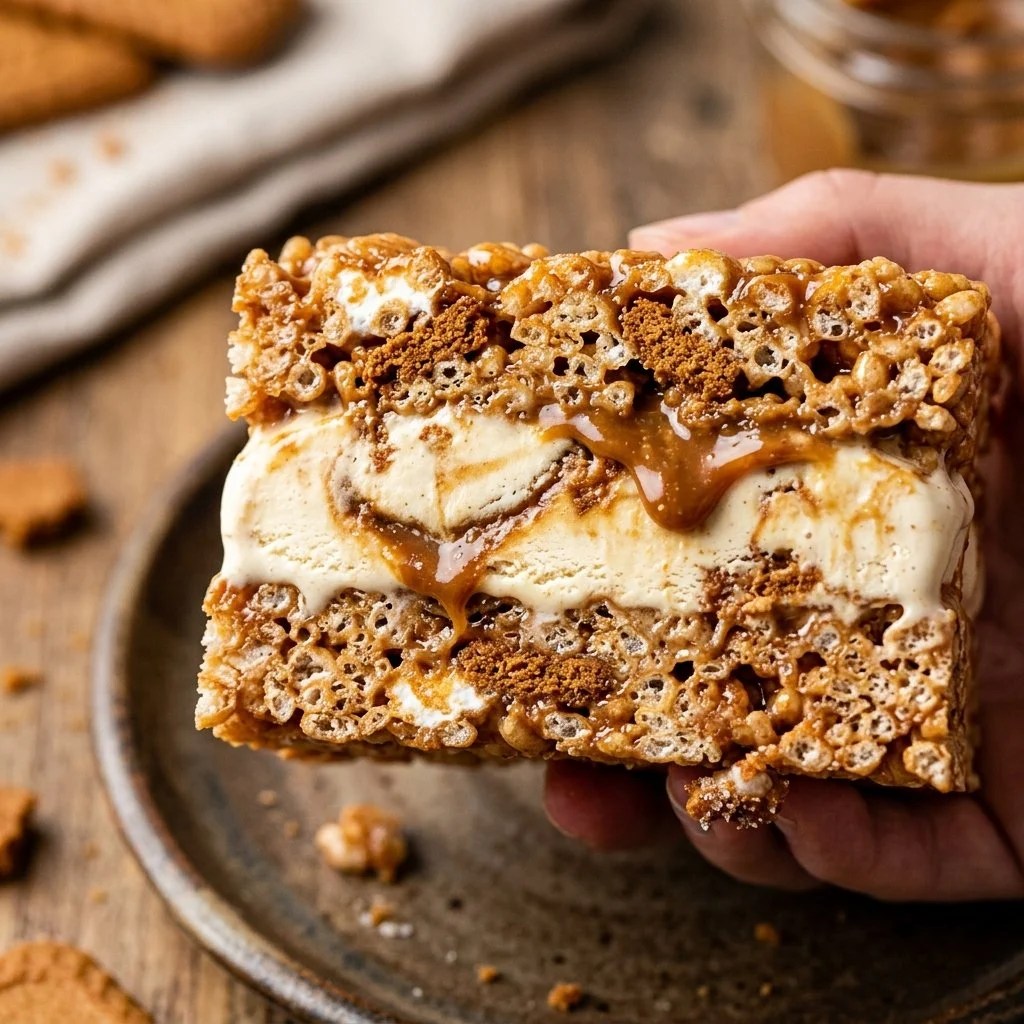 Biscoff Rice Krispie Ice Cream Sandwiches with layers of rice krispies and ice cream