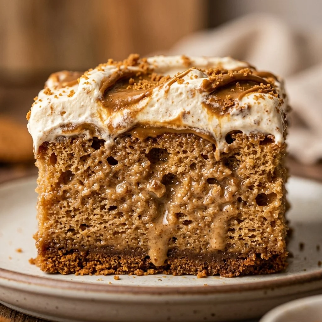 Delicious Biscoff Tres Leches Cake topped with cream and caramel drizzle