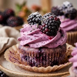 Delicious blackberry lavender cupcakes decorated with fresh blackberries and lavender flowers.