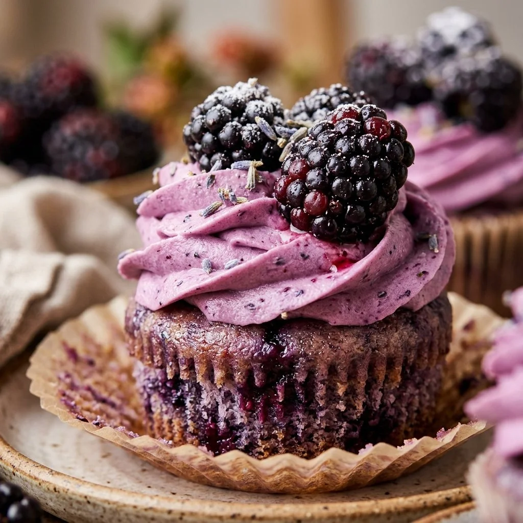 Delicious blackberry lavender cupcakes decorated with fresh blackberries and lavender flowers.