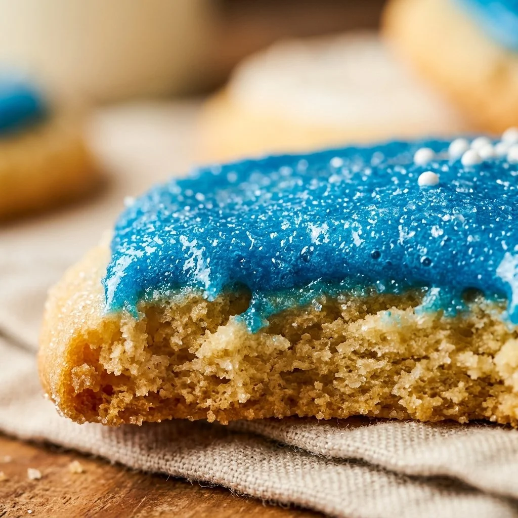 Blue raspberry iced cookies decorated with vibrant icing and sprinkles
