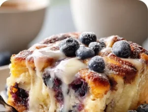 Delicious blueberry cinnamon roll casserole topped with icing and fresh blueberries.