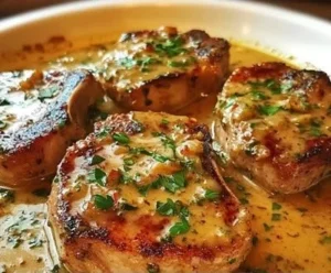 Delicious boneless pork chops in a creamy, smothered sauce ready to serve.
