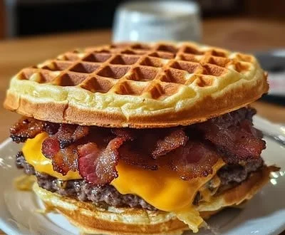 Breakfast Burger topped with Maple Bacon Waffle for a delicious morning meal