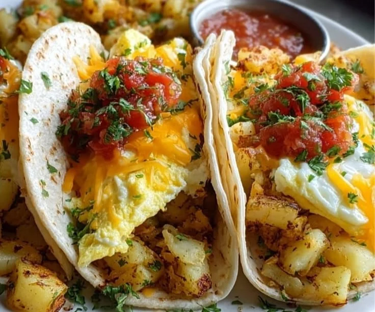 Delicious breakfast tacos filled with eggs, cheese, and fresh toppings.