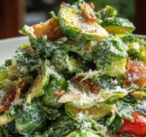 Brussels Sprouts Caesar Salad with creamy dressing and croutons